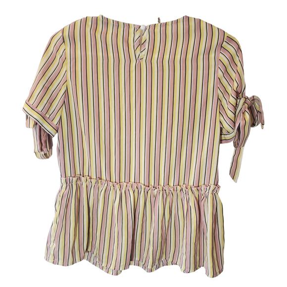 Shein Yellow Pink Striped Short Tie Sleeve Ruffled Peplum Blouse Top Size XS - Picture 1 of 5